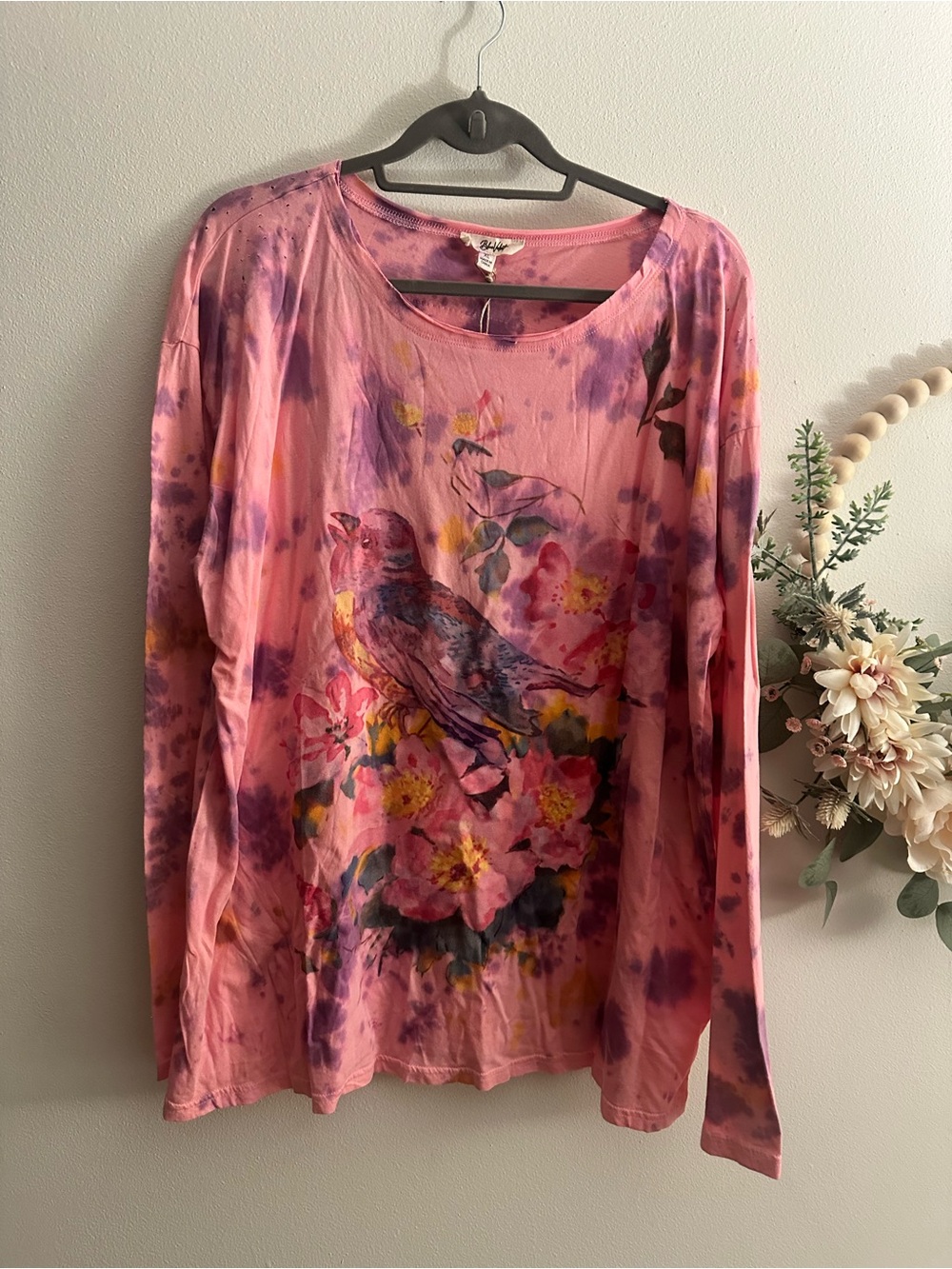 NWT Bright Pink Floral & Bird-Print Long Sleeve Tee - Picture 2 of 8